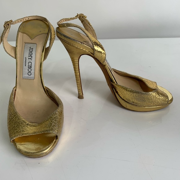 JIMMY CHOO GOLD CRACKLED LEATHER HIGH HEEL SANDALS
